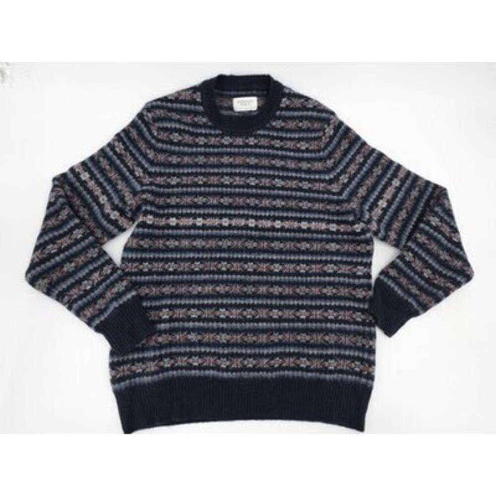American Eagle Sweater Mens Large Navy Blue Fair Isle Crewneck Knit Wool Blend